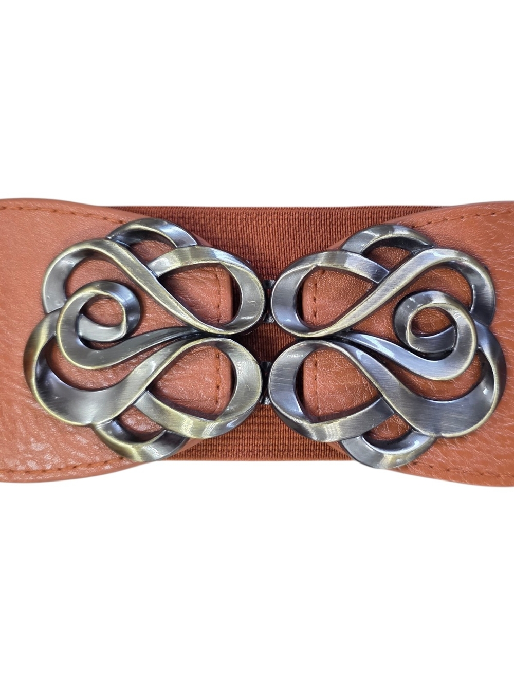Brown Elastic Stretch Belt with Decorative Silver Rosette Ends